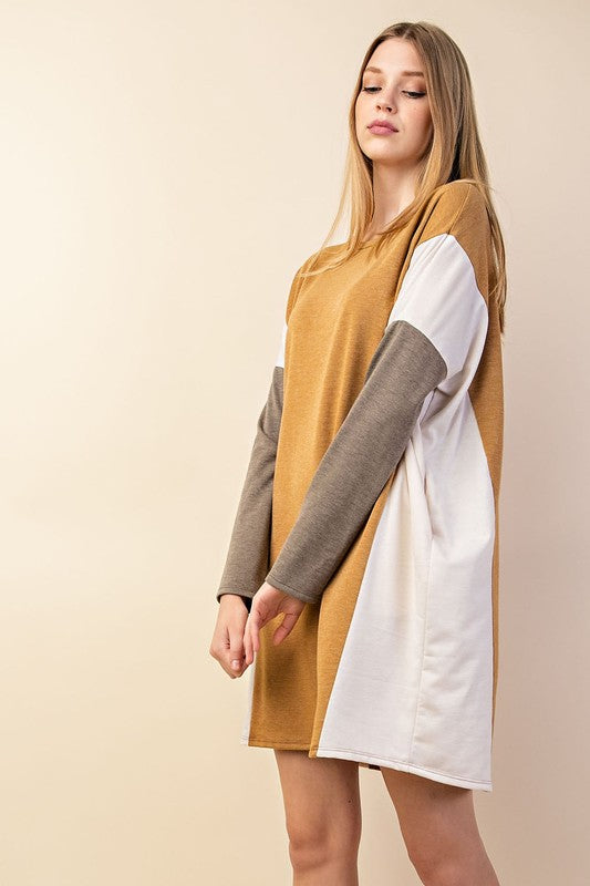 French Terry Color Block Dress (Mustard)  POSH STYLE