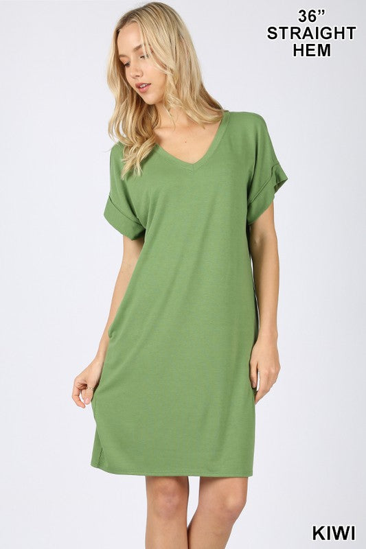Rolled Sleeve V-Neck Dress (Kiwi) POSH STYLE Rolled Sleeve V-Neck Dress (Kiwi) POSH STYLE