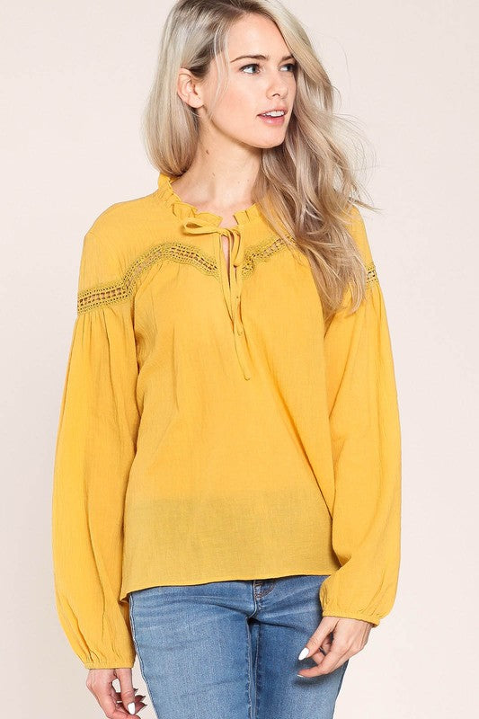 mustard ruffle blouse
