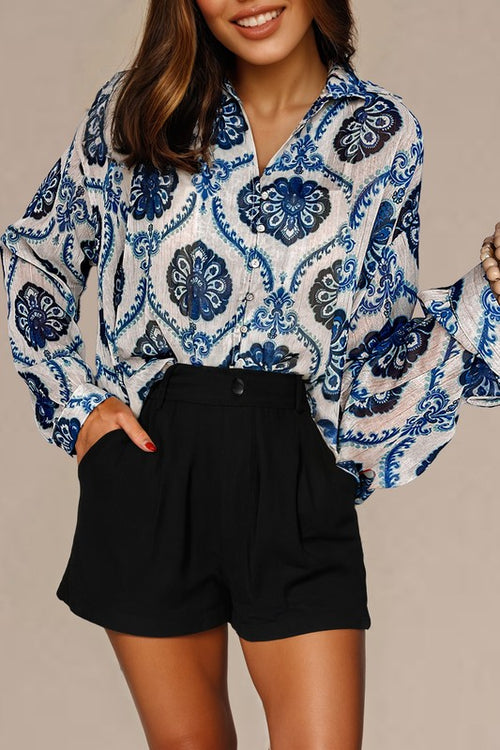 Button Front Patterned Blouse