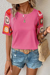 Crochet Sleeve Round Neck Top (Pink)