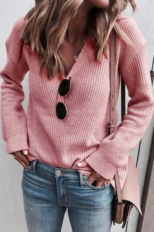 Ribbed V-Neck Sweater (Pink)