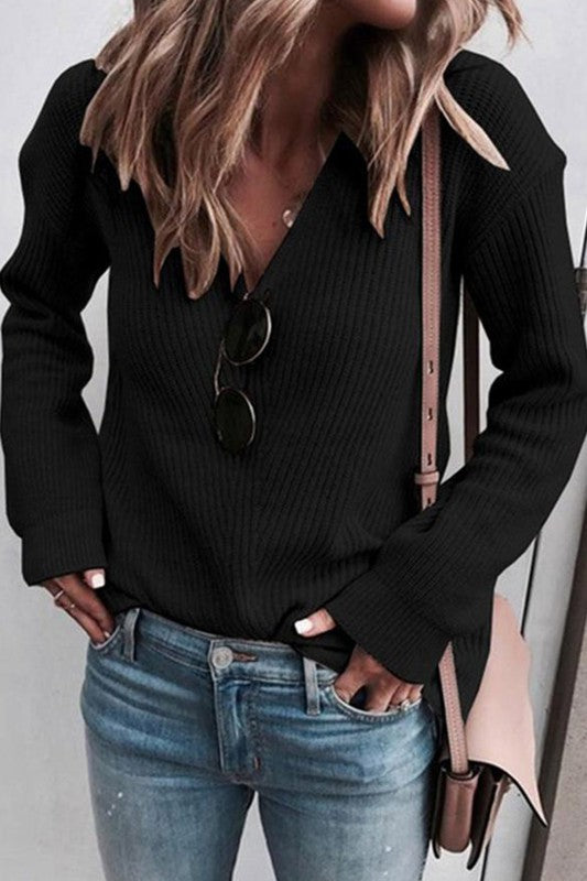 Ribbed V-Neck Sweater (Black)