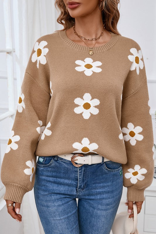 Floral Drop Shoulder Sweater (Tan)