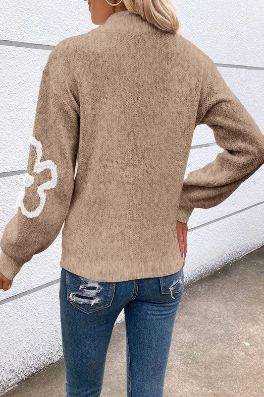 Flower Knit Half Zip Pullover Sweater