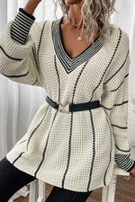 Striped V-Neck Loose Sweater (White)