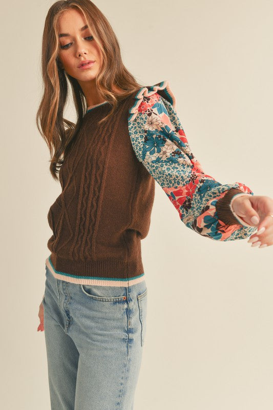 Cable Knit Sweater with Woven Floral Sleeves