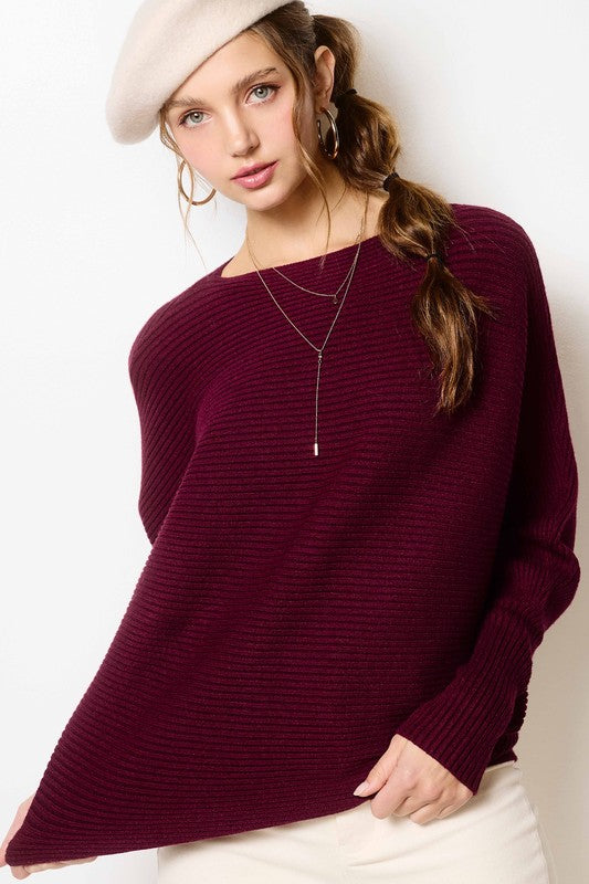 Ribbed Boatneck Bubble Sleeve Sweater (Burgundy)