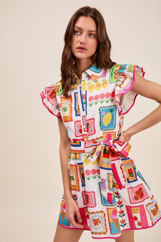 Vintage Stamp Ruffled Dress