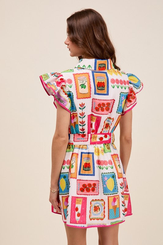Vintage Stamp Ruffled Dress