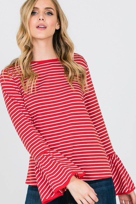 Bell Sleeve Striped Top (Red)