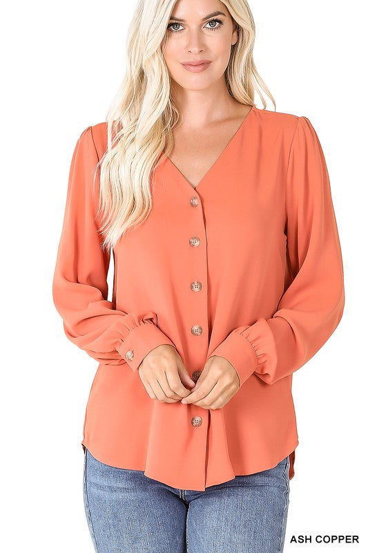 Puff Sleeve Button Up Blouse (Copper)