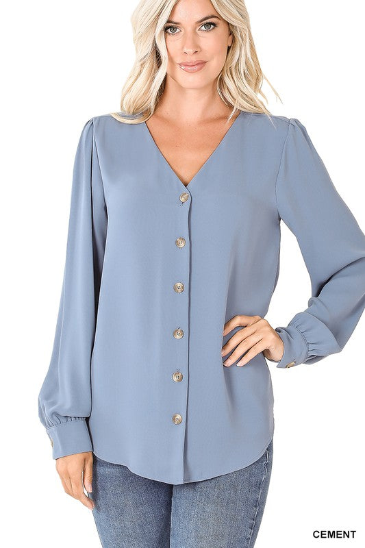 Puff Sleeve Button Up Blouse (Cement)