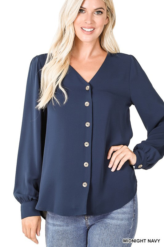 Puff Sleeve Button Up Blouse (Navy)
