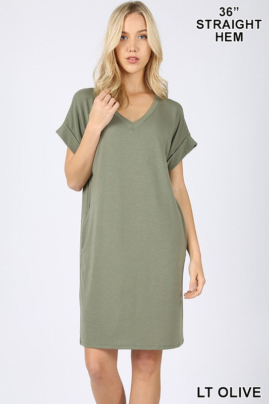 Rolled Sleeve V-Neck Dress (Light Olive)