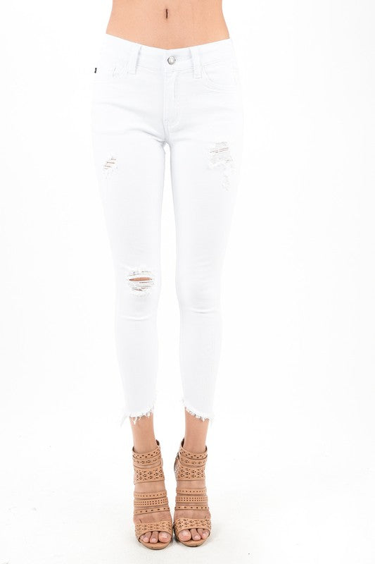 Step Hem Distressed Skinny Jeans (White)