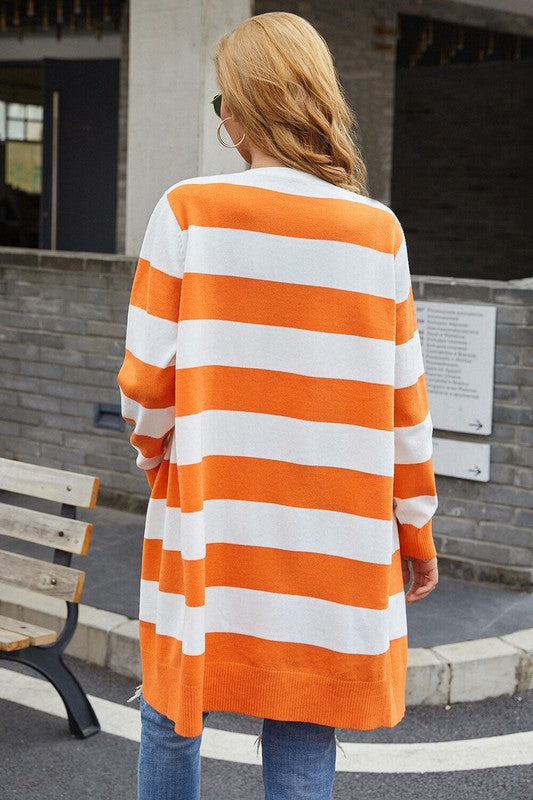 Long Sleeve Orange And White Striped Cardigan Usmixi Womens Tops