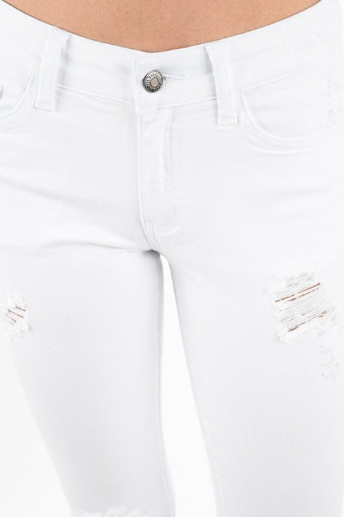 Step Hem Distressed Skinny Jeans (White)