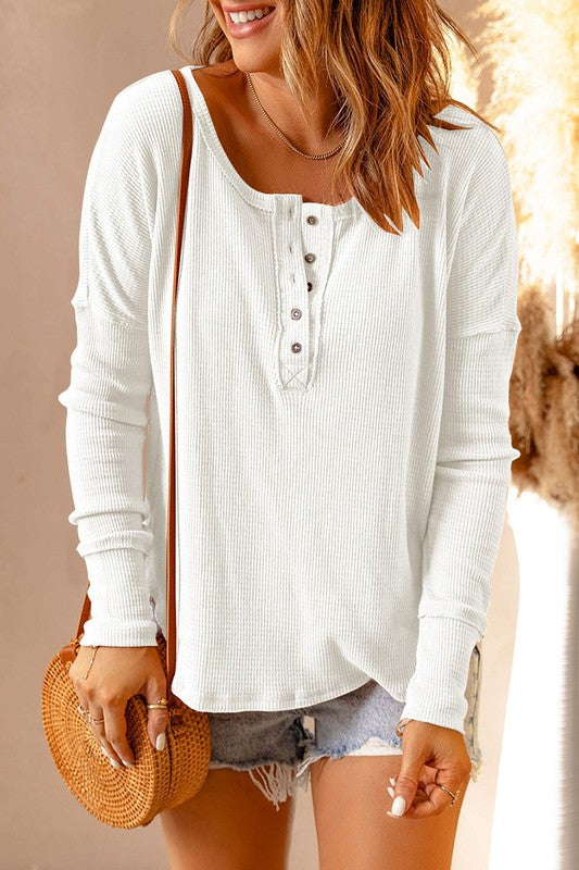 Waffle Knit Henley Top (White)