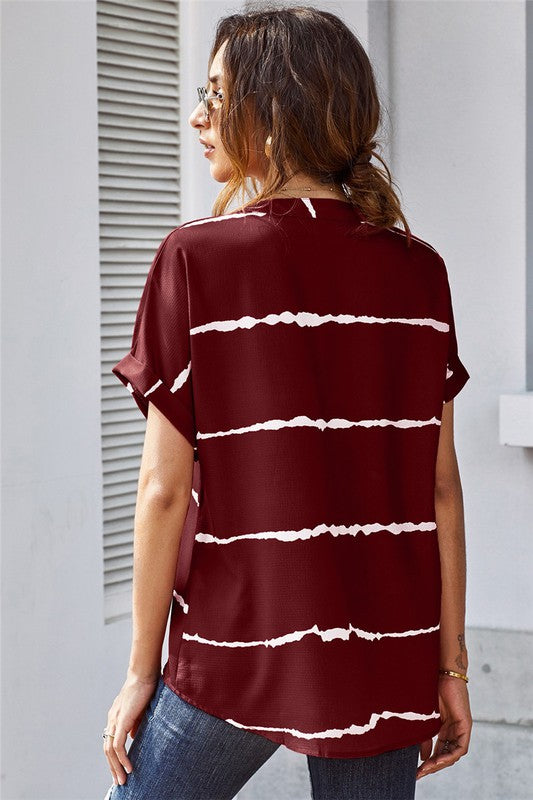 Striped Short Sleeve Top (Burgundy)
